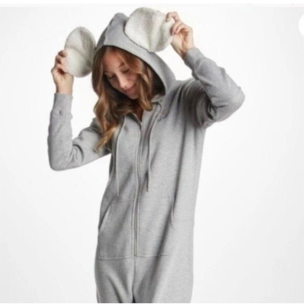 Ivory Ella One Piece Pajama Womens L Gray Elephant Hooded Full Zip